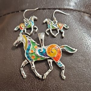 Colorful Horse Pendant and Earring Set